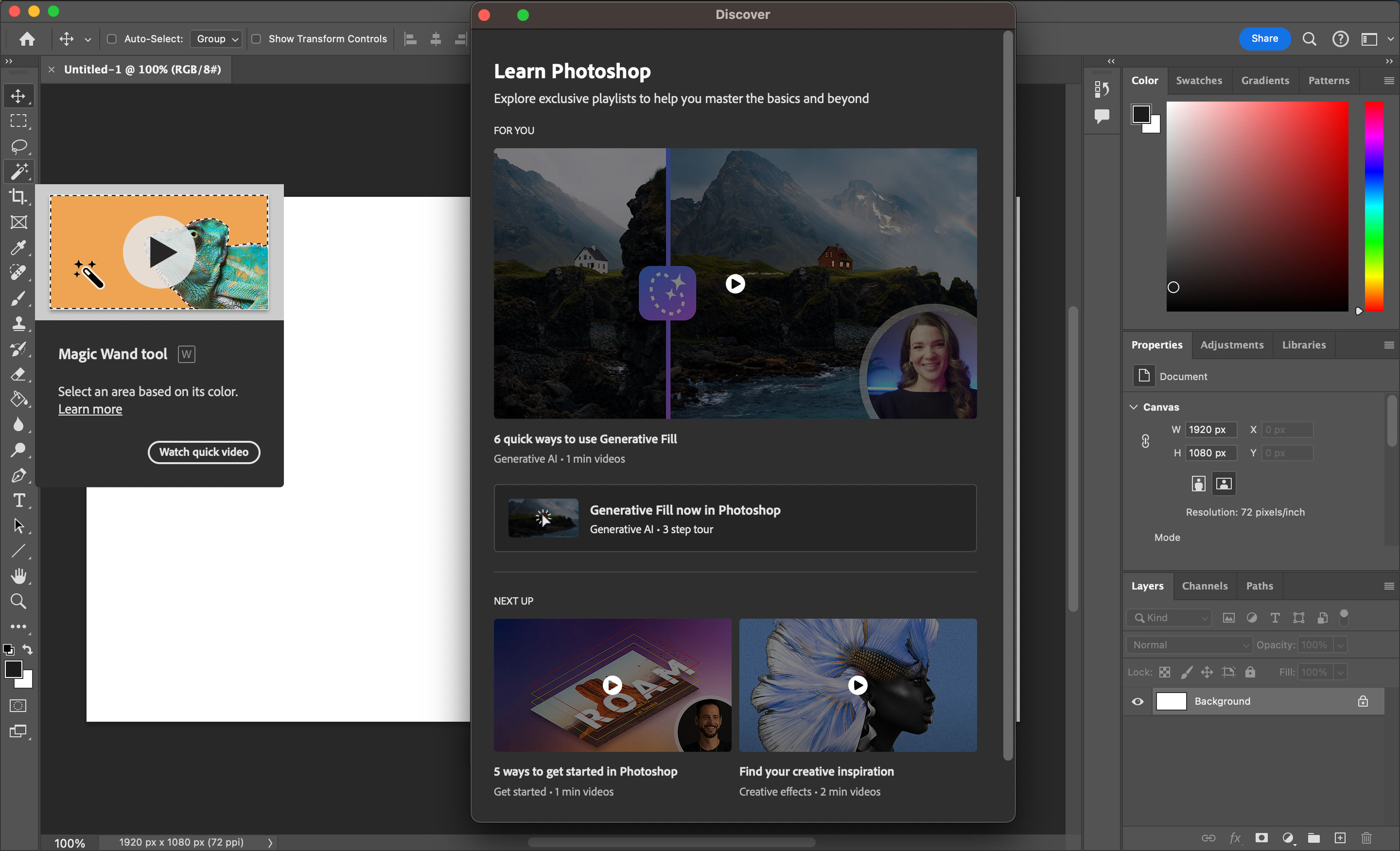 The Adobe Photoshop main interface. A modal window presents tutorials, while a tooltip reveals more information about a specific tool.